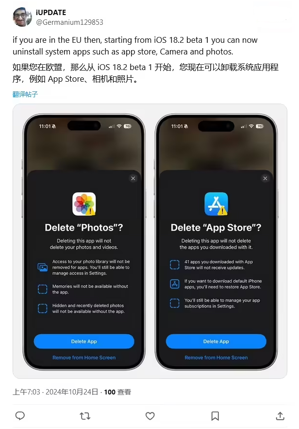 大姚苹果手机维修分享iOS 18.2 支持删除 App Store 应用商店 